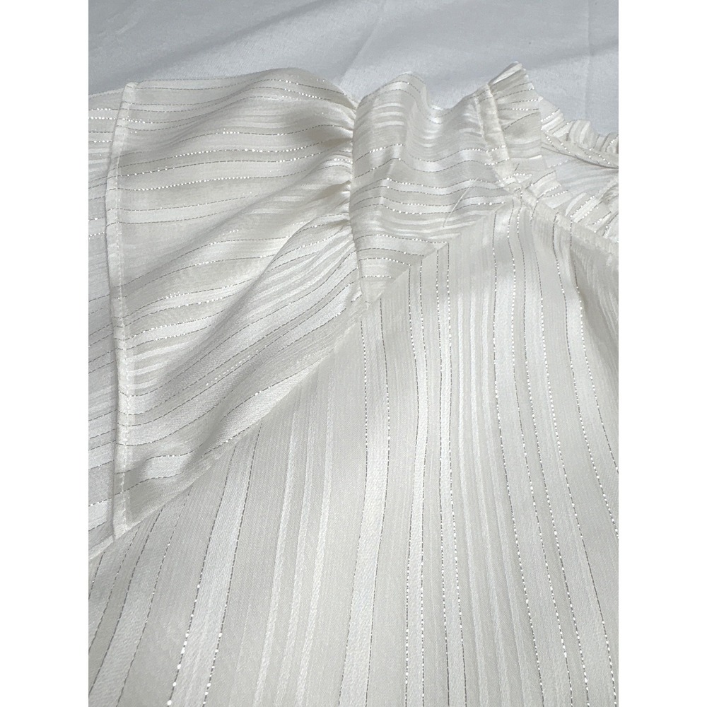 Banana Republic White Metallic Stripe Flutter Sleeve Ruffle Neck Blouse XL NWT - Picture 4 of 4